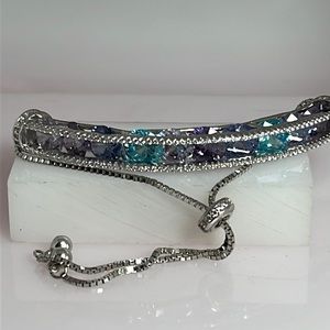 Sterling silver bolo bracelet channel blue purple imitation round faceted stones